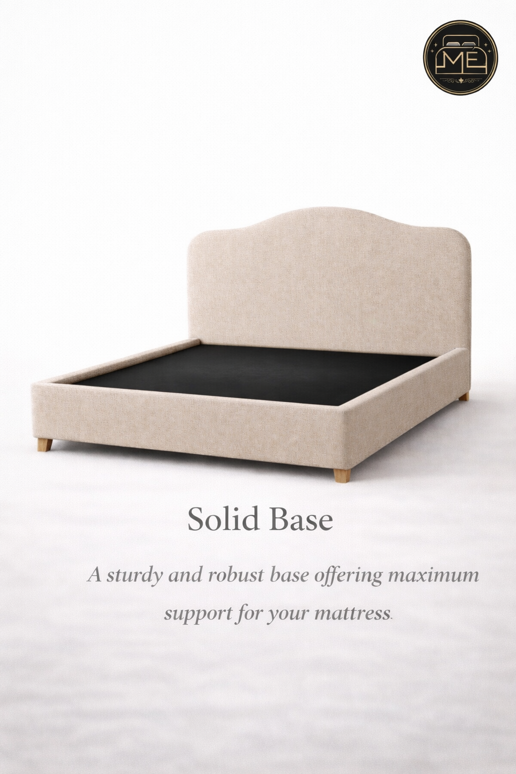 Beige bed frame with black mattress on a white background, featuring the brand logo in the corner.